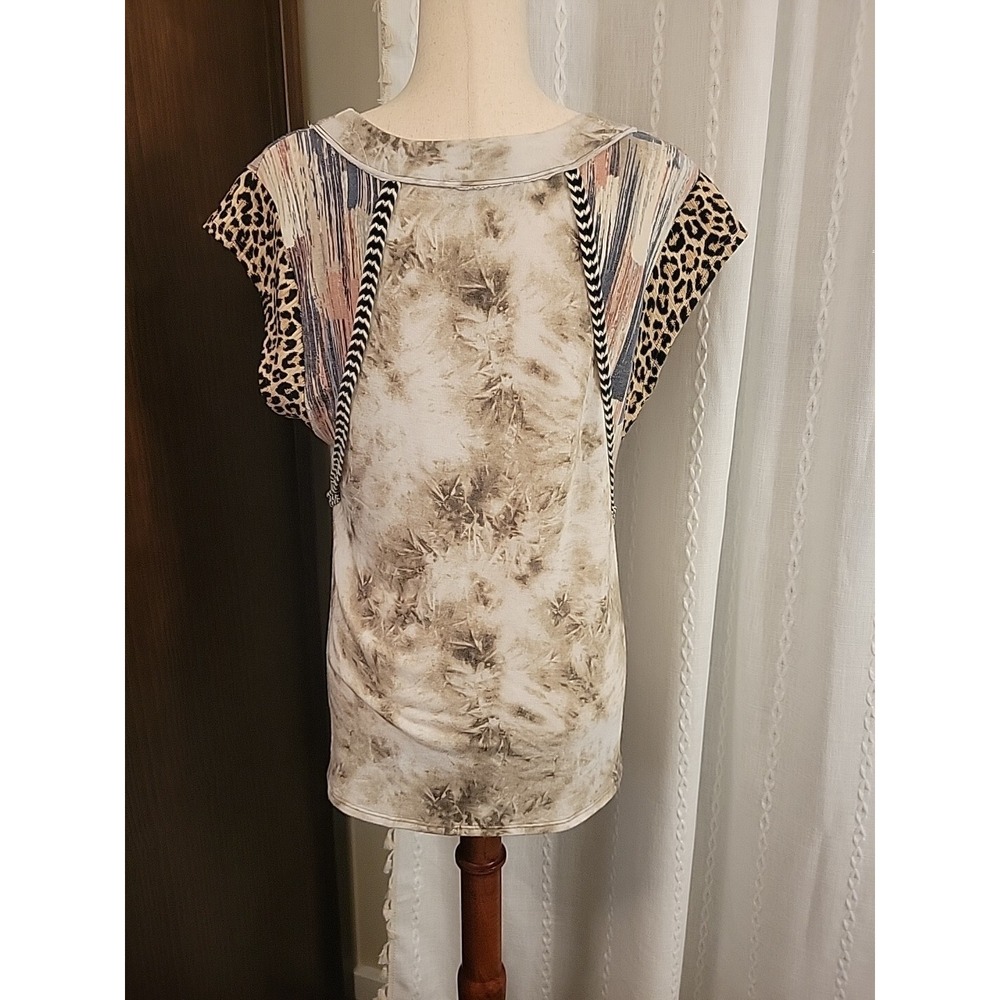 Ces Femme‎ Womens Stretch Knit Top Tie Dye Animal Print Mixed Media Boho Small